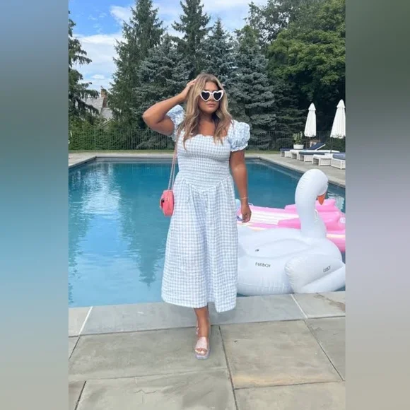 Sleeper 100% linen belle dress in blue gingham, medium - Picture 6 of 8